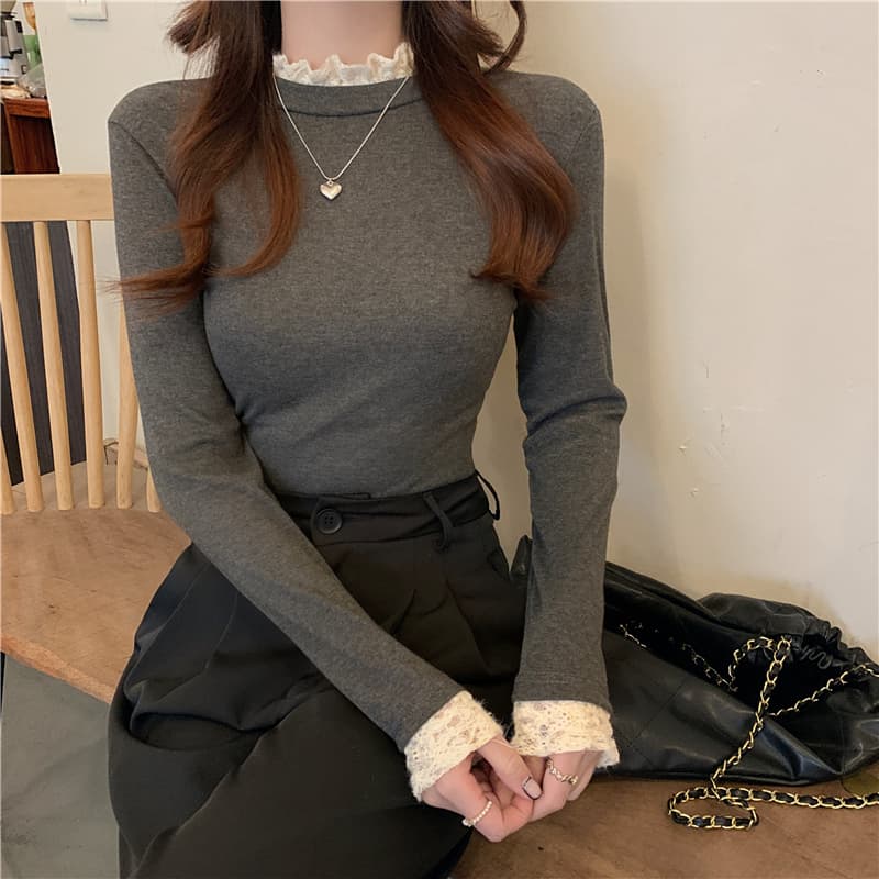 실사 원본 것 양모 플리스 기본 셔츠 반하이넥 가을 겨울철 새로운 긴팔 레이스 인사이드 가져 가라. 여성 상세 이미지 14