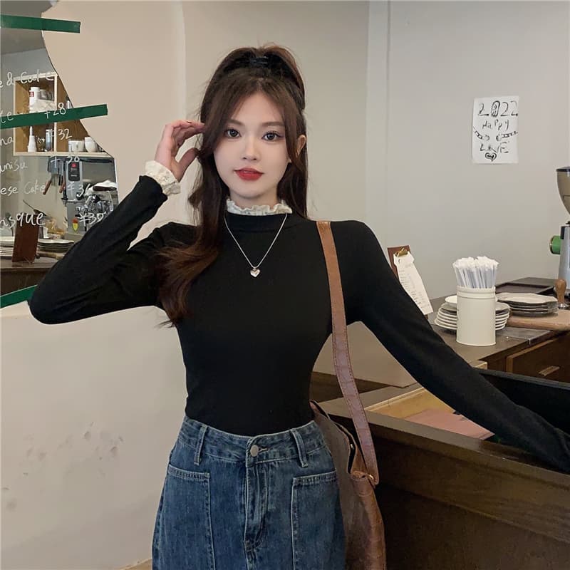 실사 원본 것 양모 플리스 기본 셔츠 반하이넥 가을 겨울철 새로운 긴팔 레이스 인사이드 가져 가라. 여성 상세 이미지 26