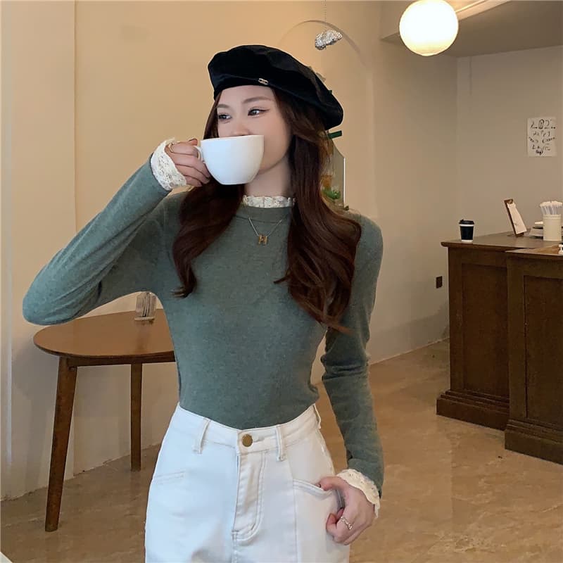 실사 원본 것 양모 플리스 기본 셔츠 반하이넥 가을 겨울철 새로운 긴팔 레이스 인사이드 가져 가라. 여성 상세 이미지 39