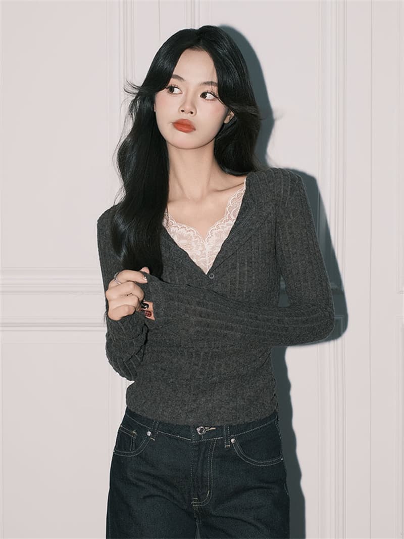 원본 사람들 면 구덩이 기사 연삭 털 품격 회색 레이스 페이크 레이어드 V넥 핫걸 긴팔 만나는 맨위 이미지 3