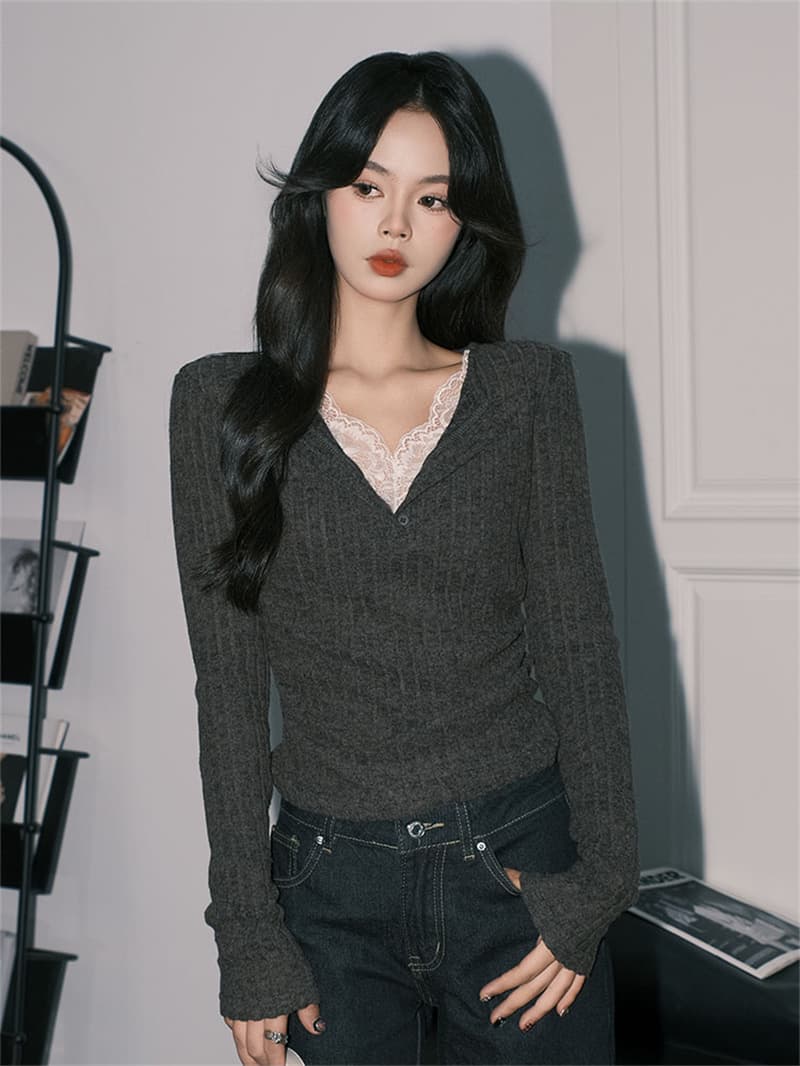 원본 사람들 면 구덩이 기사 연삭 털 품격 회색 레이스 페이크 레이어드 V넥 핫걸 긴팔 만나는 맨위 이미지 2