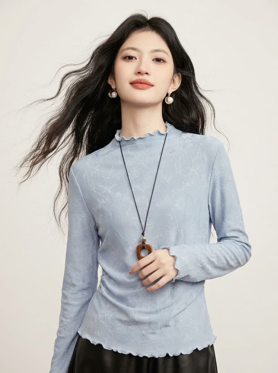 고급 센스 안개 안개 블루 긴팔 기본 셔츠 여성 몸매 가꾸기 디스플레이 화이트 봄 가을 새로운 프릴 자카드 작은 터틀넥 맨위 이미지 4