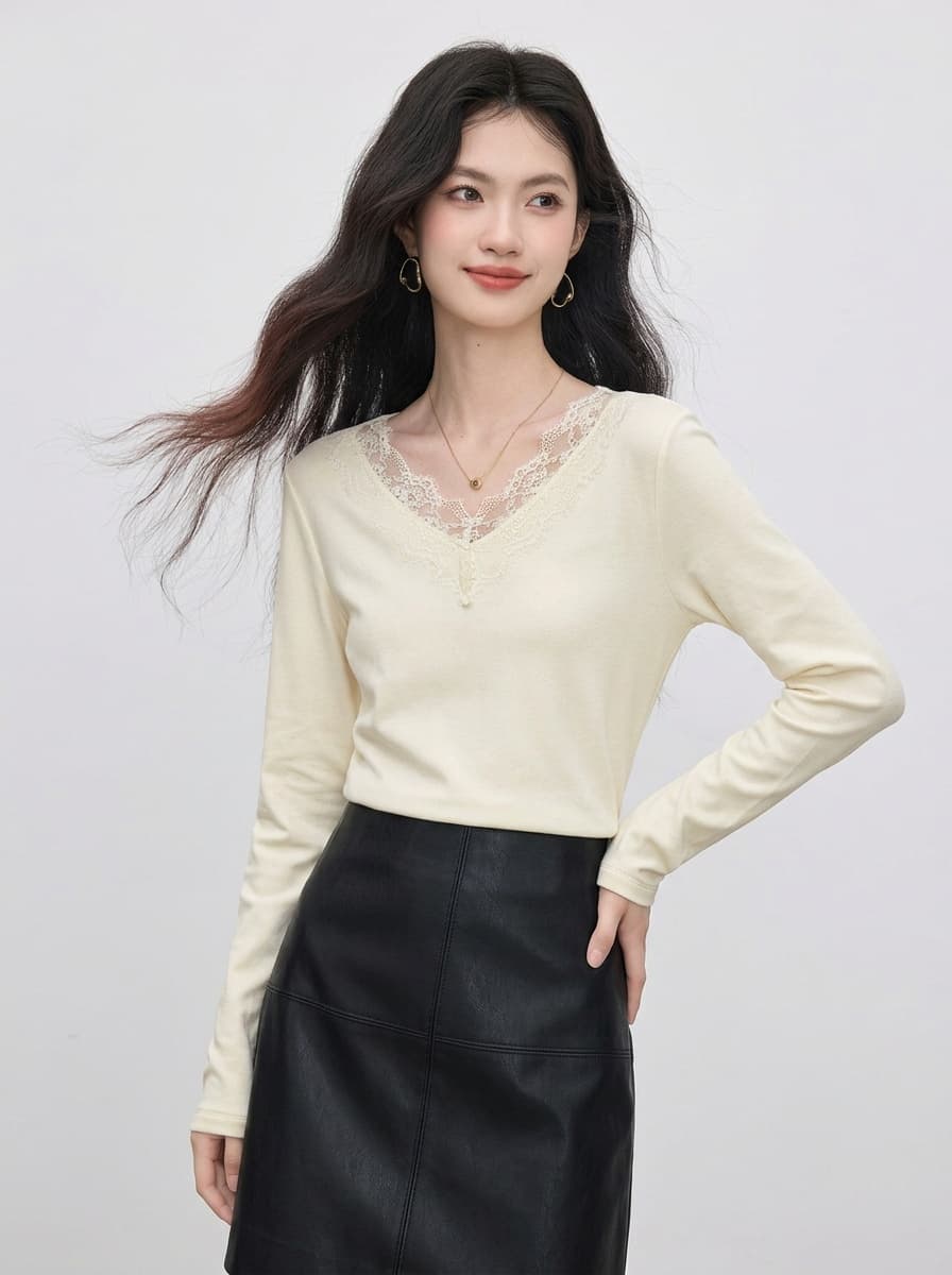 봄 가을 새로운 품격 V넥 레이스 레이스 긴팔 티셔츠 여성 셔츠 몸매 가꾸기 슬림해 보이는 우유 살구 색상 인사이드 가져 가라. 기본 셔츠 이미지 4
