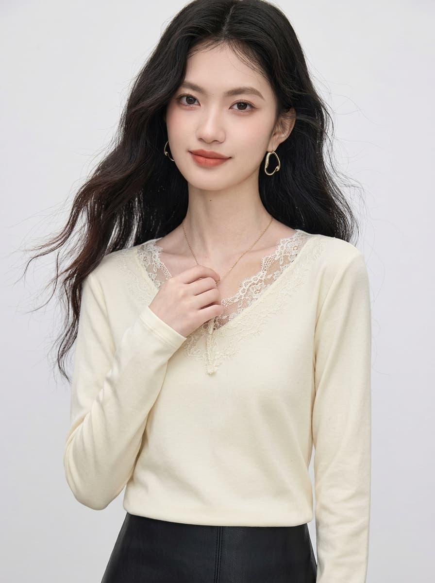 봄 가을 새로운 품격 V넥 레이스 레이스 긴팔 티셔츠 여성 셔츠 몸매 가꾸기 슬림해 보이는 우유 살구 색상 인사이드 가져 가라. 기본 셔츠 상세 이미지 3