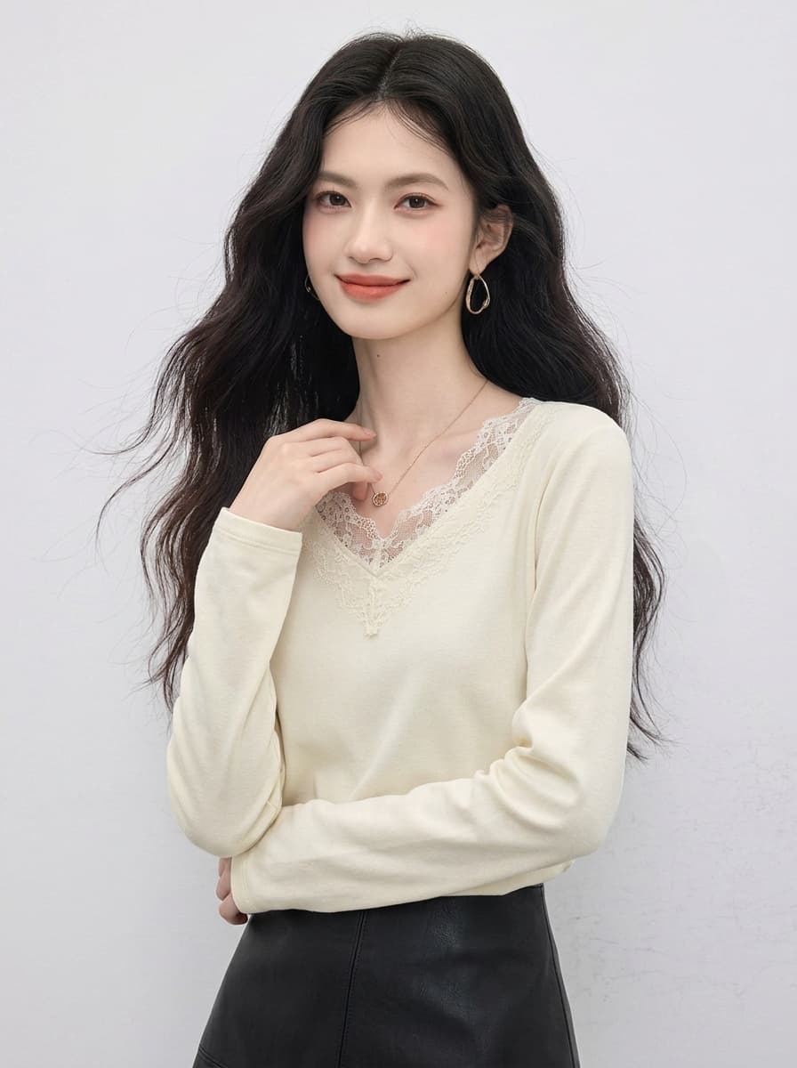 봄 가을 새로운 품격 V넥 레이스 레이스 긴팔 티셔츠 여성 셔츠 몸매 가꾸기 슬림해 보이는 우유 살구 색상 인사이드 가져 가라. 기본 셔츠 상세 이미지 4