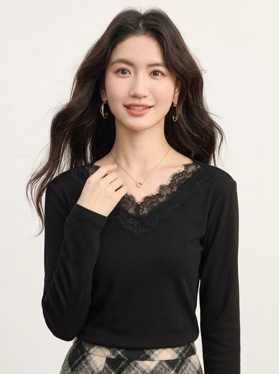 봄 가을 새로운 품격 V넥 레이스 레이스 긴팔 티셔츠 여성 셔츠 몸매 가꾸기 슬림해 보이는 우유 살구 색상 인사이드 가져 가라. 기본 셔츠 상세 이미지 8