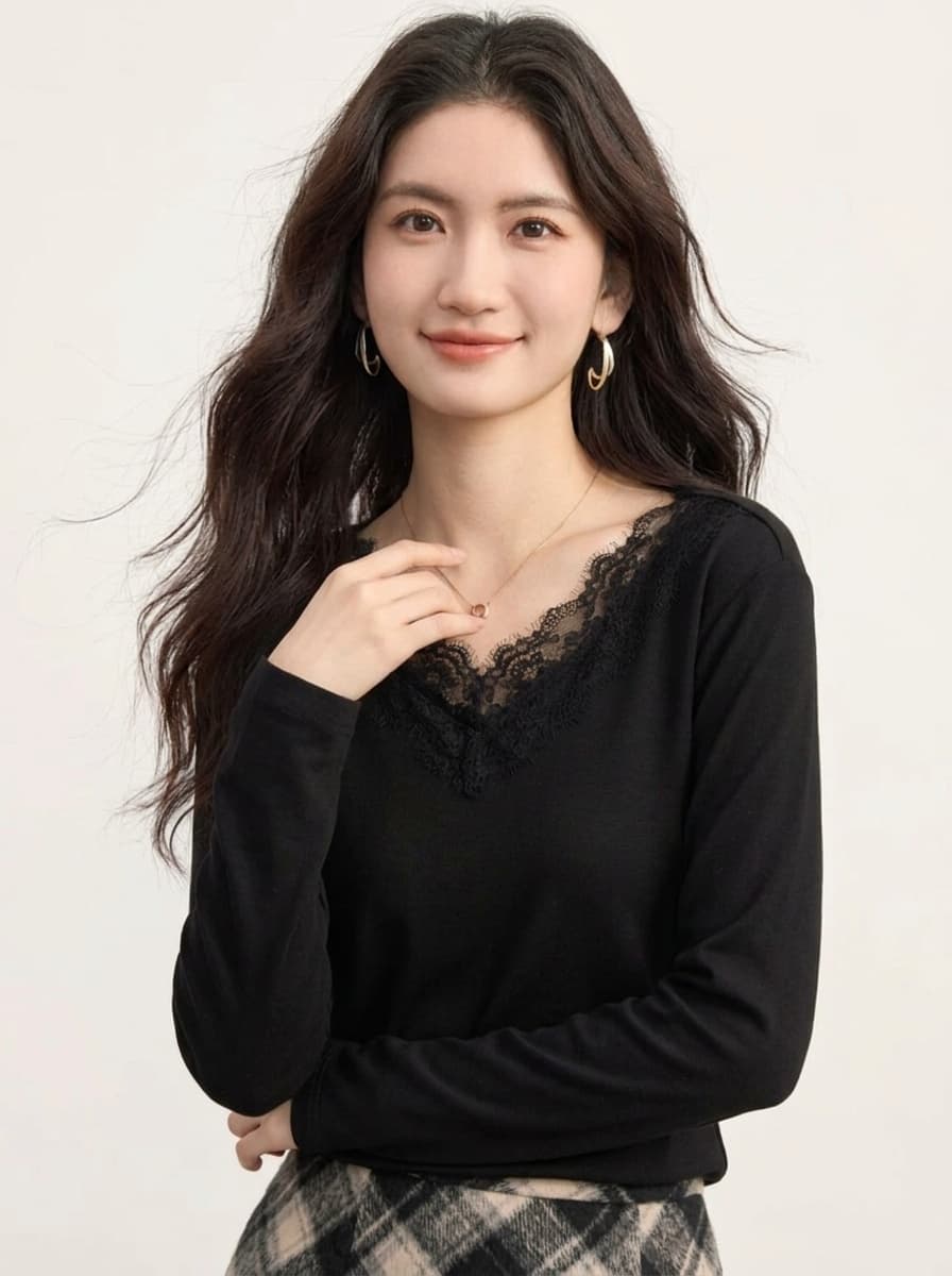 봄 가을 새로운 품격 V넥 레이스 레이스 긴팔 티셔츠 여성 셔츠 몸매 가꾸기 슬림해 보이는 우유 살구 색상 인사이드 가져 가라. 기본 셔츠 상세 이미지 9