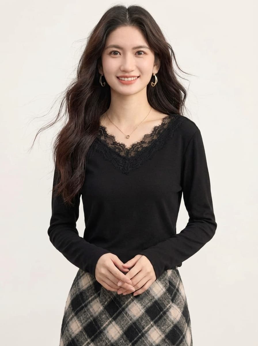 봄 가을 새로운 품격 V넥 레이스 레이스 긴팔 티셔츠 여성 셔츠 몸매 가꾸기 슬림해 보이는 우유 살구 색상 인사이드 가져 가라. 기본 셔츠 상세 이미지 10