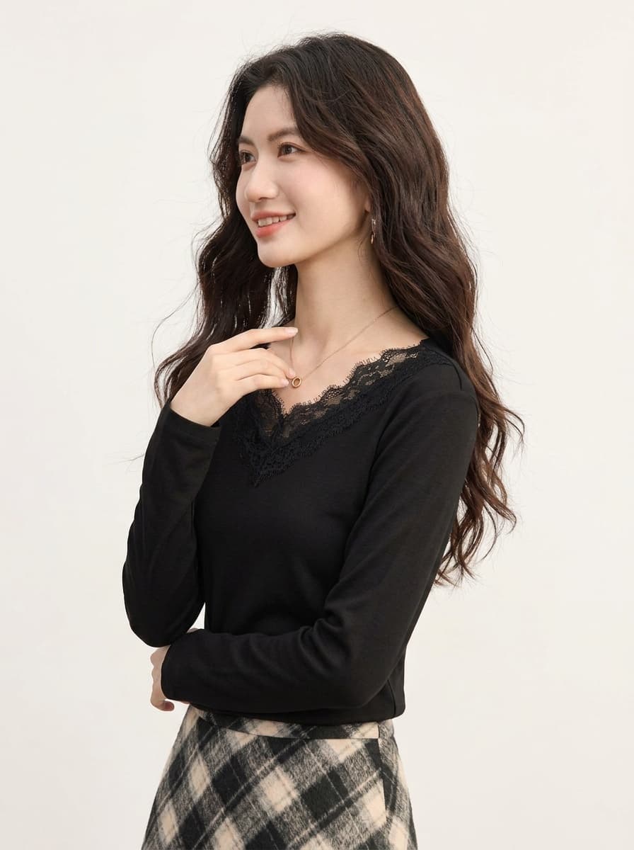 봄 가을 새로운 품격 V넥 레이스 레이스 긴팔 티셔츠 여성 셔츠 몸매 가꾸기 슬림해 보이는 우유 살구 색상 인사이드 가져 가라. 기본 셔츠 상세 이미지 13