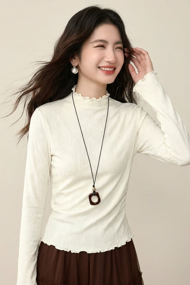 프랑스식 부드러운 반하이넥 기본 셔츠 여성 봄 가을 몸매 가꾸기 슬림해 보이는 프릴 자카드 질감 긴팔 인사이드 잡아라. 의류 이미지 2