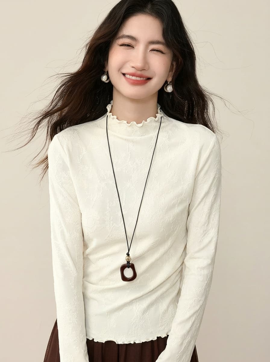 프랑스식 부드러운 반하이넥 기본 셔츠 여성 봄 가을 몸매 가꾸기 슬림해 보이는 프릴 자카드 질감 긴팔 인사이드 잡아라. 의류 이미지 3