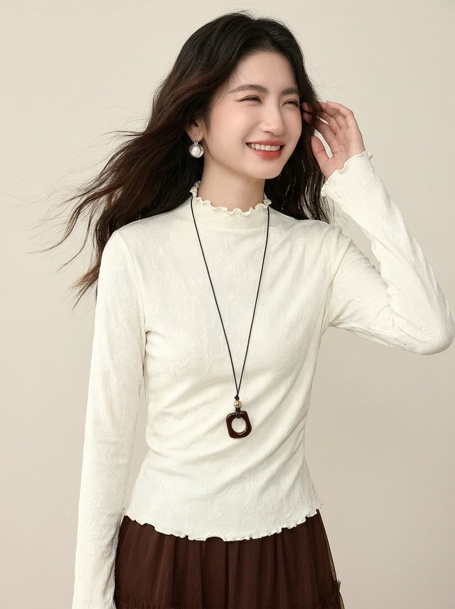 프랑스식 부드러운 반하이넥 기본 셔츠 여성 봄 가을 몸매 가꾸기 슬림해 보이는 프릴 자카드 질감 긴팔 인사이드 잡아라. 의류 상세 이미지 6