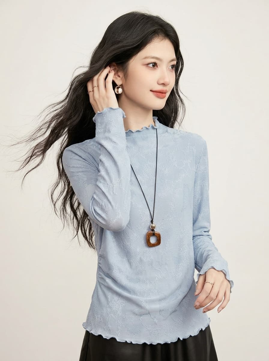 프랑스식 부드러운 반하이넥 기본 셔츠 여성 봄 가을 몸매 가꾸기 슬림해 보이는 프릴 자카드 질감 긴팔 인사이드 잡아라. 의류 상세 이미지 7