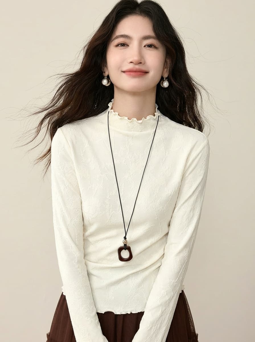 프랑스식 부드러운 반하이넥 기본 셔츠 여성 봄 가을 몸매 가꾸기 슬림해 보이는 프릴 자카드 질감 긴팔 인사이드 잡아라. 의류 상세 이미지 8