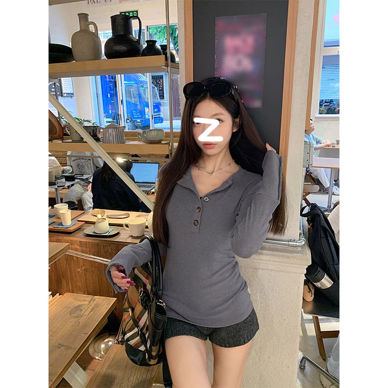경관 그림 원본 뮤 S 양모 280 그램 헨리 V넥 단추 긴팔 티셔츠 기본 셔츠 여성 가을 겨울 맨위 이미지 3