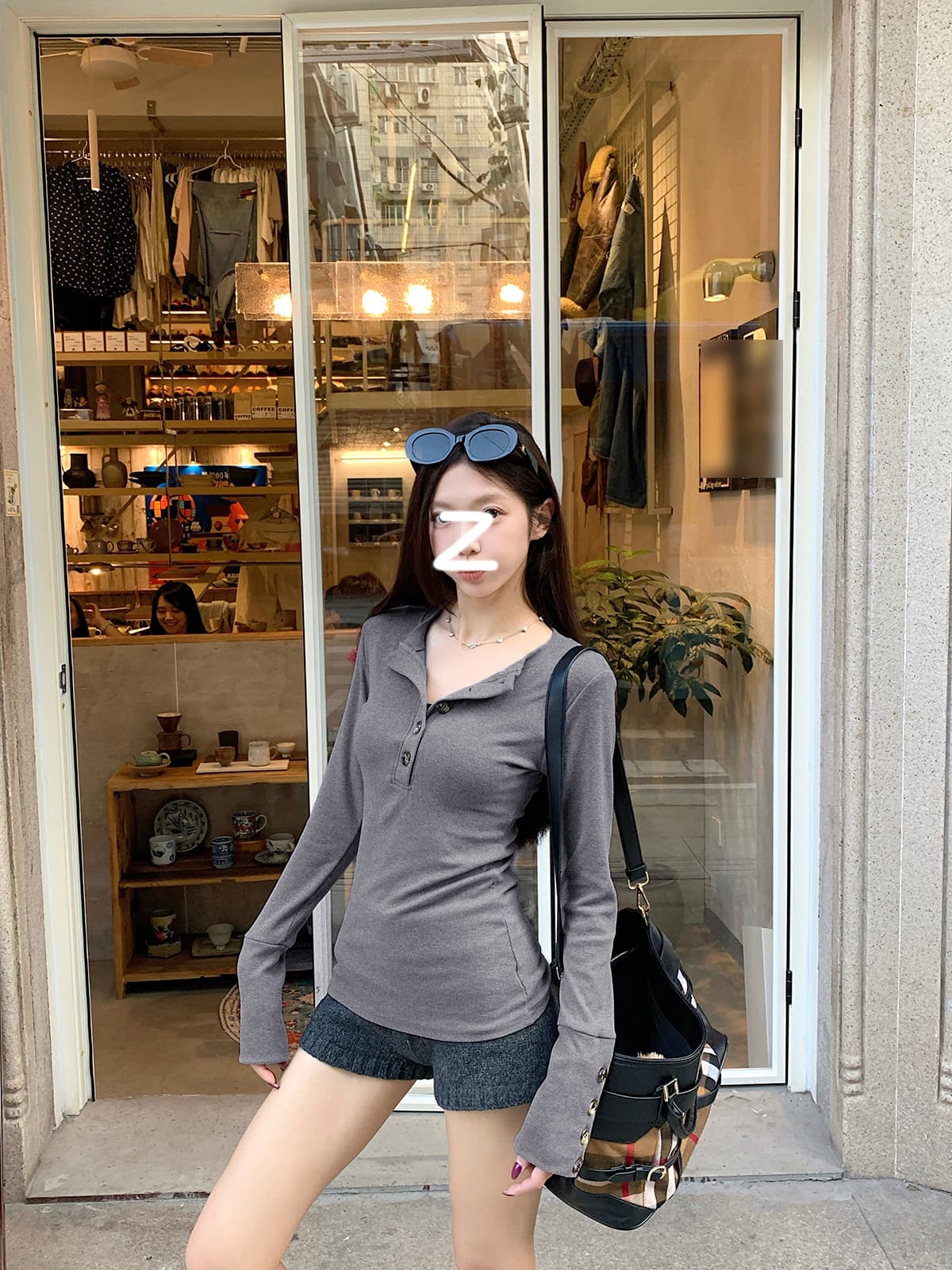경관 그림 원본 뮤 S 양모 280 그램 헨리 V넥 단추 긴팔 티셔츠 기본 셔츠 여성 가을 겨울 맨위 상세 이미지 19