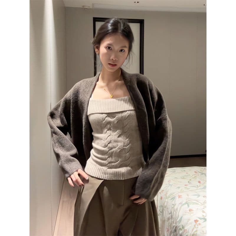 한 부서 고급 센스 출퇴근 투피스 세트 몸매 가꾸기 스웨터 니트 캐미솔 스택 착용 외부 가져 가라. 니트 카디건 코트 이미지 2