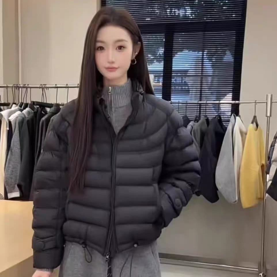 한 부서 가로 줄무늬 누비 이불의 재료 솔기 쇼트 스타일 면 의류 스탠드 칼라 지퍼 펌프 로프 밑단 경량 루즈핏 디스플레이 높음 겨울 다용도 맨위 이미지 3
