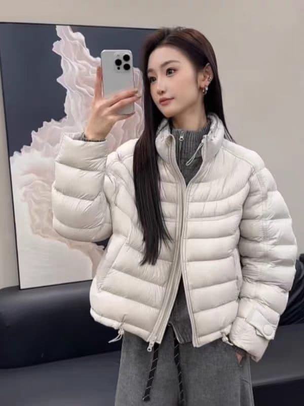 한 부서 가로 줄무늬 누비 이불의 재료 솔기 쇼트 스타일 면 의류 스탠드 칼라 지퍼 펌프 로프 밑단 경량 루즈핏 디스플레이 높음 겨울 다용도 맨위 이미지 2