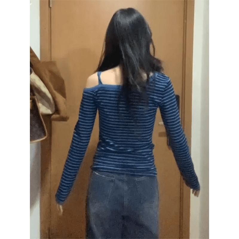 경관 그림 260 그램 스트라이프 긴팔 티셔츠 여성 의류 2026 새로운 오프숄더 디자인 센스 몸매 가꾸기 기본 셔츠 비스듬한 칼라 맨위 이미지 4