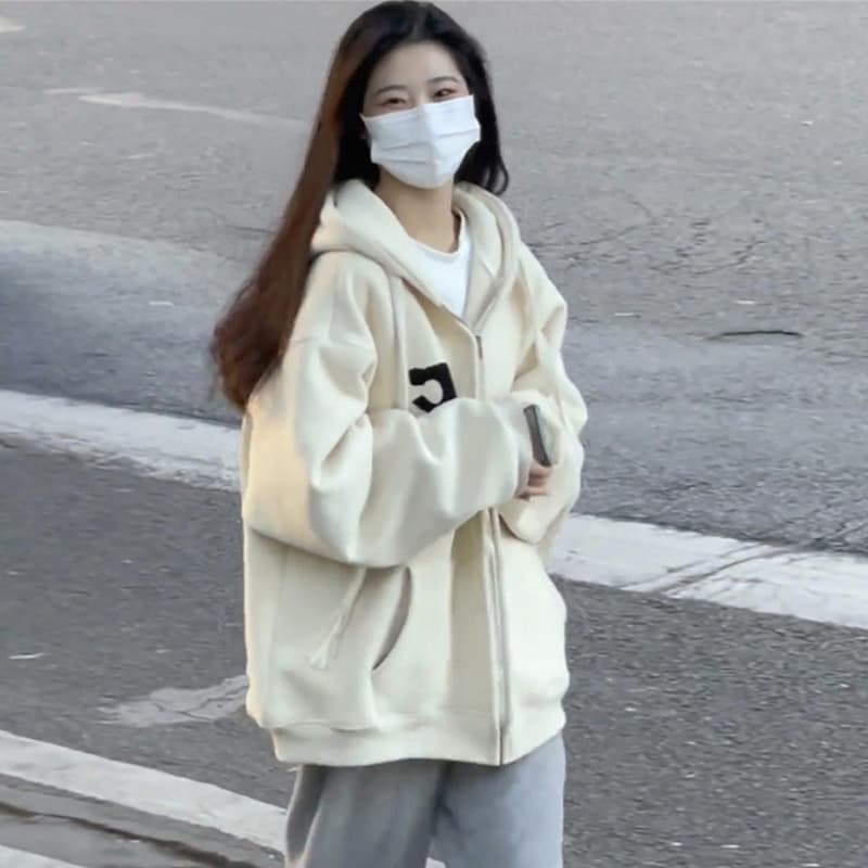 경관 그림 흔들어서 톤 품질 65 후아 면 250그램 수건 자수 후드티 여성 재킷 지퍼 루즈핏 상세 이미지 4