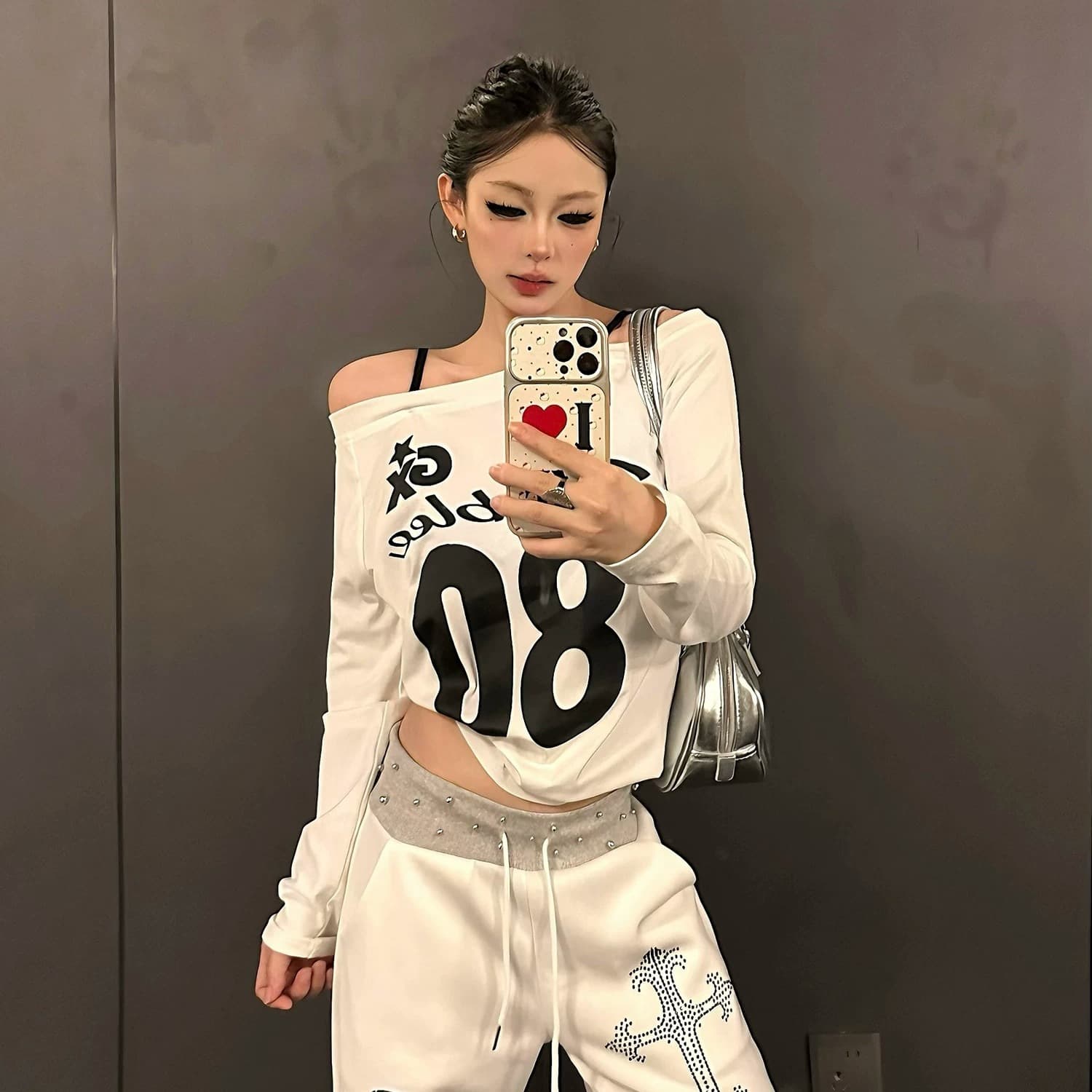 220 그램 92 면 8 암모니아 Lun 오프숄더 티셔츠 여성 긴 소매 기본 셔츠