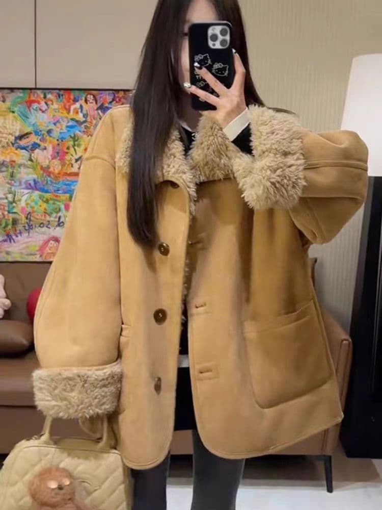 원본 품질 둘 착용 피모 하나 양털 오토바이 서비스 가을 겨울 루즈핏 두꺼운 스웨이드 모피 재킷