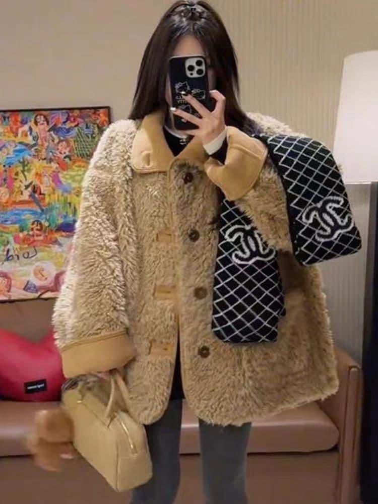원본 품질 둘 착용 피모 하나 양털 오토바이 서비스 가을 겨울 루즈핏 두꺼운 스웨이드 모피 재킷 이미지 3