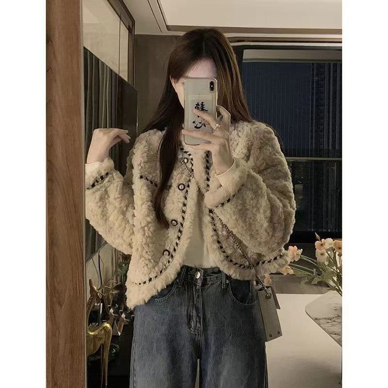 작은 샤넬 스타일 재킷 여성 의류 겨울 새로운 모방 양털 루즈핏 쇼트 스타일 고급 센스 튀김 거리 긴팔 면 옷 이미지 3