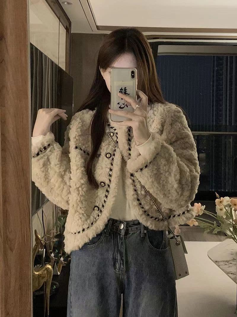 작은 샤넬 스타일 재킷 여성 의류 겨울 새로운 모방 양털 루즈핏 쇼트 스타일 고급 센스 튀김 거리 긴팔 면 옷 상세 이미지 10