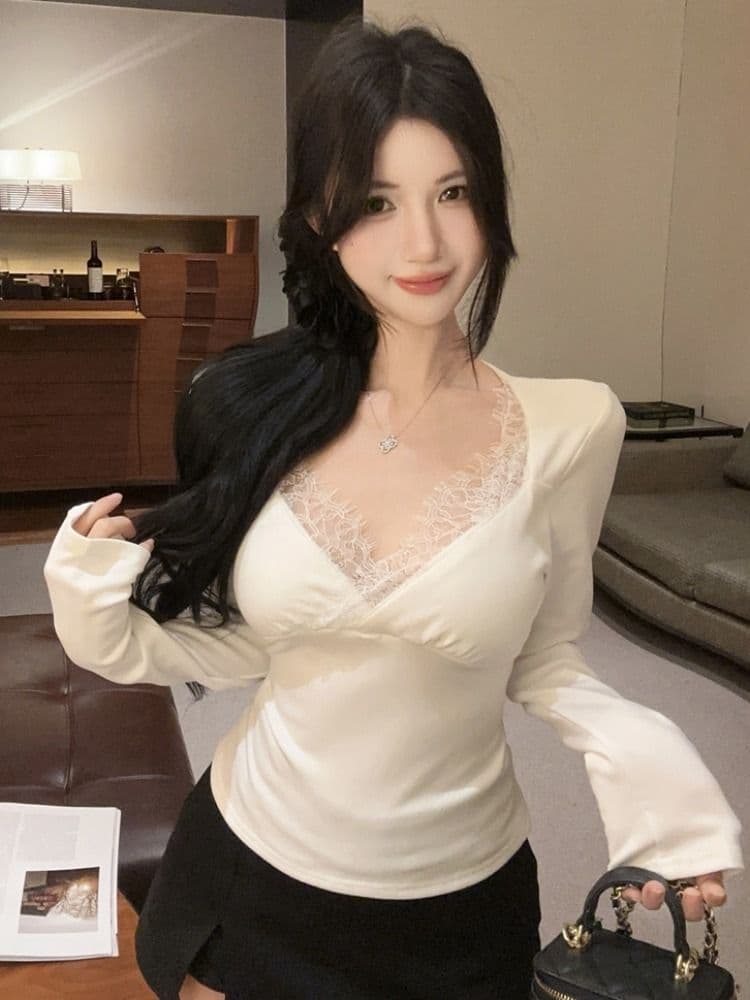 사람들 면 연삭 털 화이트 비틀림 레이스 긴팔 티셔츠 여성 가을 섹시함 품격 허리 수축 니트 기본 셔츠 맨위 이미지 2
