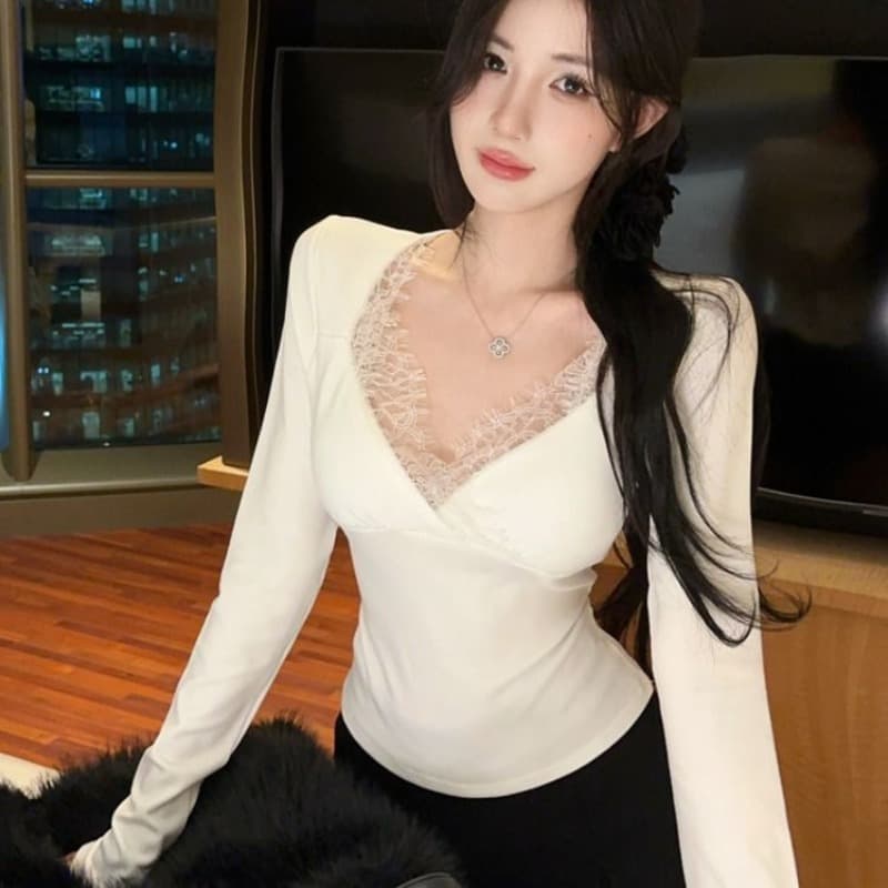 사람들 면 연삭 털 화이트 비틀림 레이스 긴팔 티셔츠 여성 가을 섹시함 품격 허리 수축 니트 기본 셔츠 맨위 이미지 5