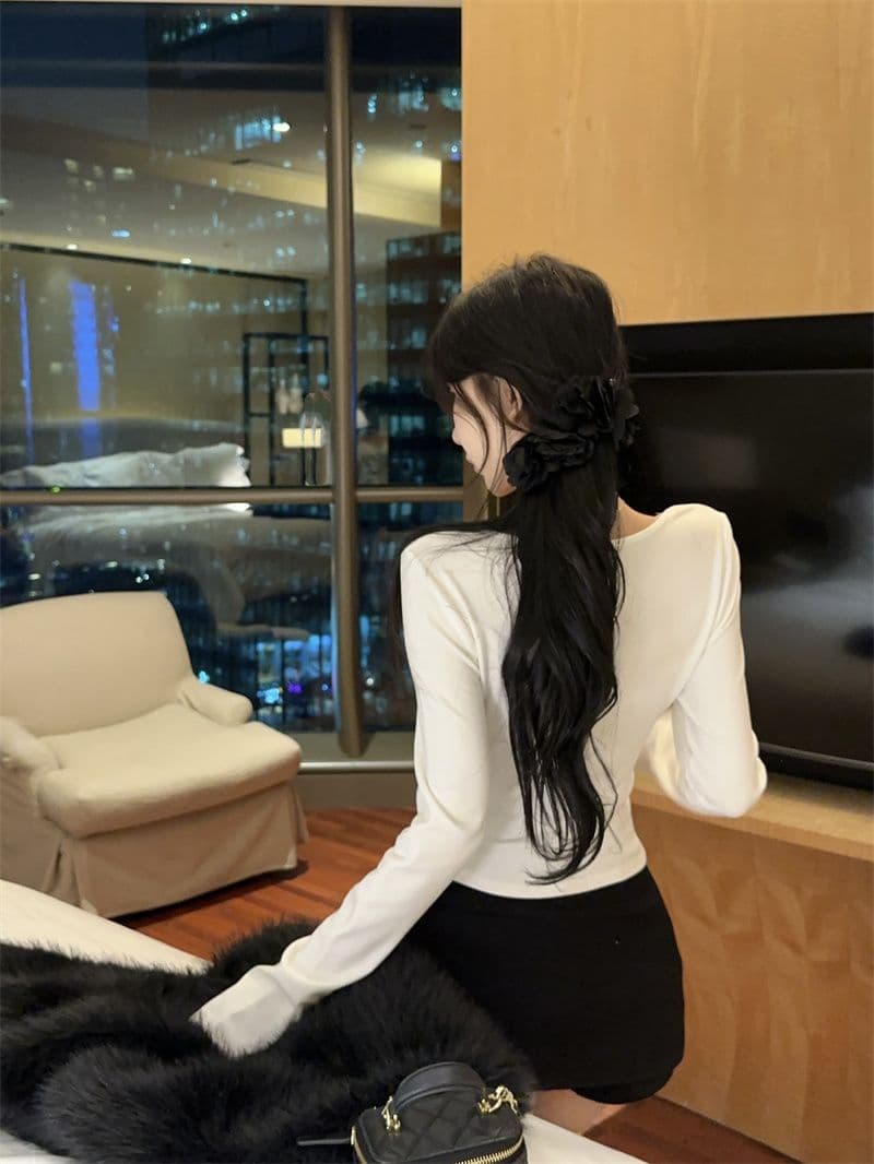 사람들 면 연삭 털 화이트 비틀림 레이스 긴팔 티셔츠 여성 가을 섹시함 품격 허리 수축 니트 기본 셔츠 맨위 상세 이미지 6