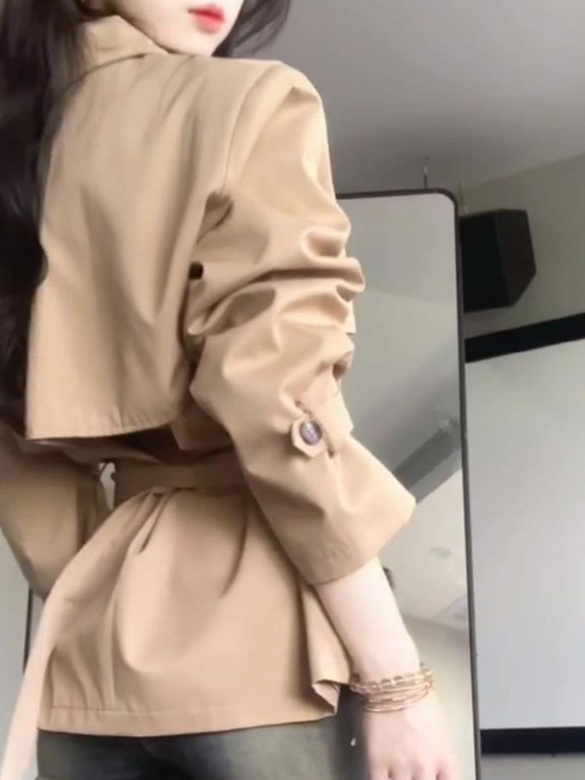 고급 센스 바람막이 여성 코트 가을 새로운 여성 의류 카키 색 영국식 바람 작은 키 허리 수축 쇼트 스타일 코트 트렌디 이미지 4