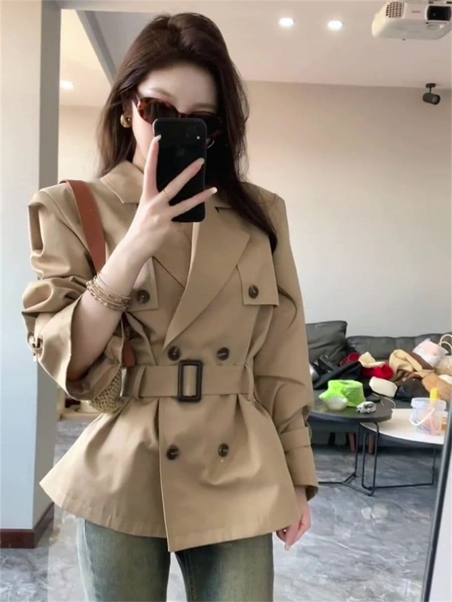 고급 센스 바람막이 여성 코트 가을 새로운 여성 의류 카키 색 영국식 바람 작은 키 허리 수축 쇼트 스타일 코트 트렌디 상세 이미지 3