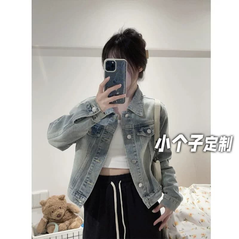 150 작은 짧은 남자 레트로 워싱 데님 여성 코트 가을 아메리칸 작은 대중 재킷 루즈핏 슬림해 보이는 쇼트 스타일 맨위 상세 이미지 2