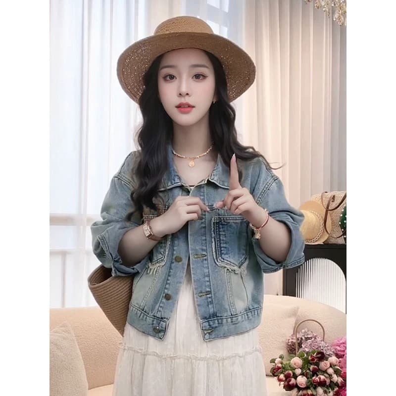 데님 여성 코트 봄과 가을 작은 키 디자인 센스 홍콩 느낌 레트로 긴팔 거친 가장자리 주머니 재킷 데님 맨위