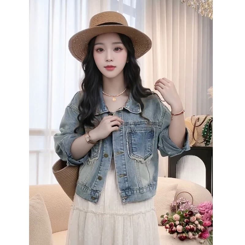 데님 여성 코트 봄과 가을 작은 키 디자인 센스 홍콩 느낌 레트로 긴팔 거친 가장자리 주머니 재킷 데님 맨위 이미지 4