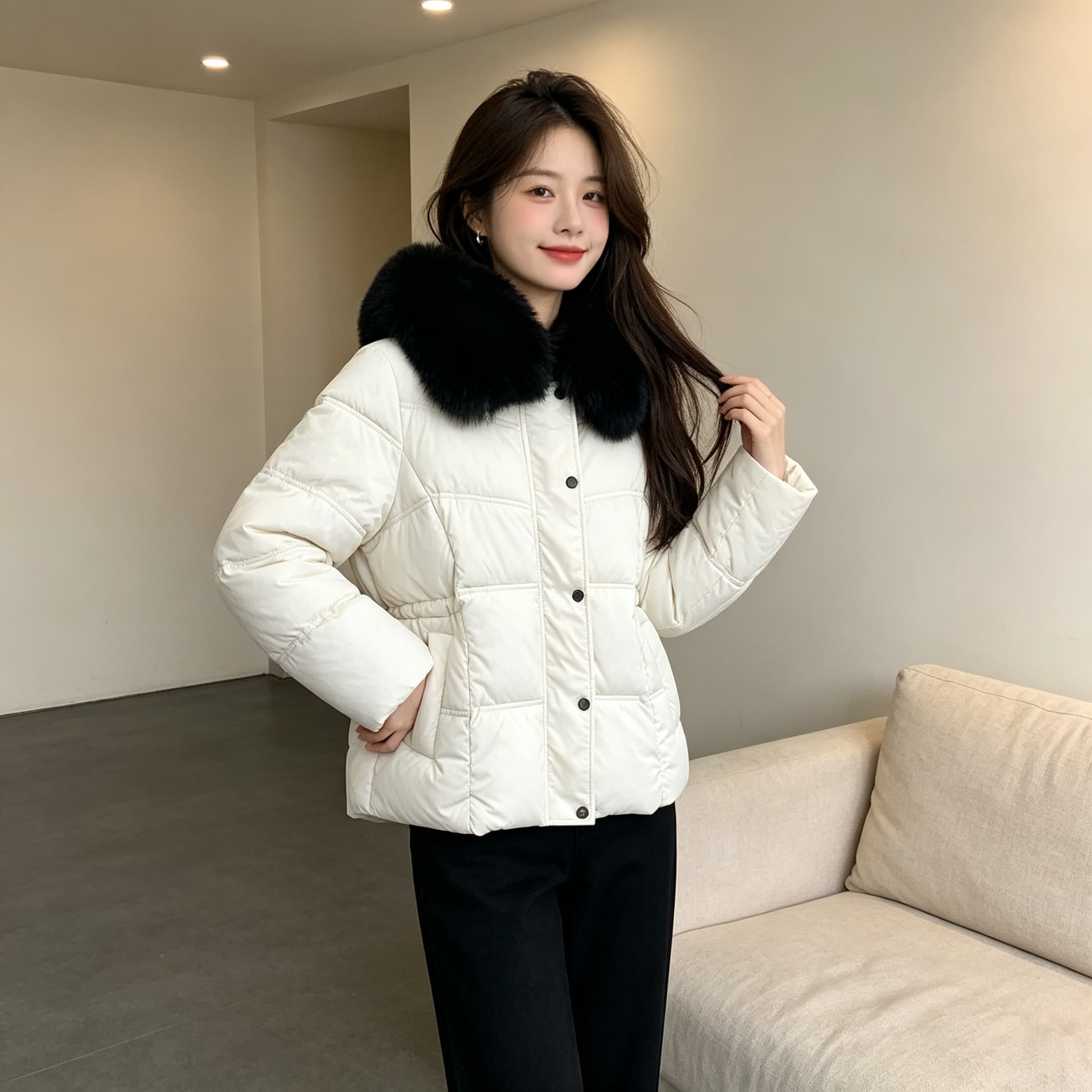 큰 모피 칼라 품격 폴로 칼라 허리 수축 슬림해 보이는 작은 키 연령 감소 면 의류 여성 코트 두꺼운 보온 루즈핏 빅 사이즈 트렌디 이미지 3