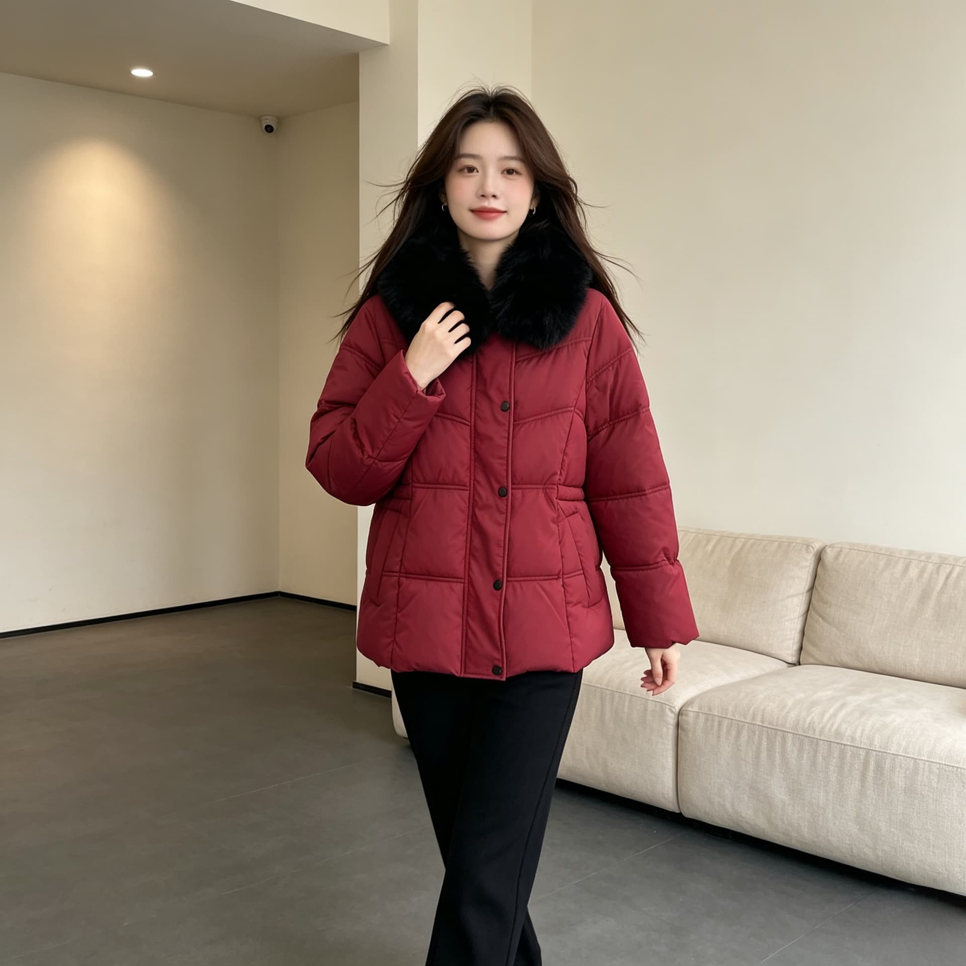 큰 모피 칼라 품격 폴로 칼라 허리 수축 슬림해 보이는 작은 키 연령 감소 면 의류 여성 코트 두꺼운 보온 루즈핏 빅 사이즈 트렌디 이미지 5