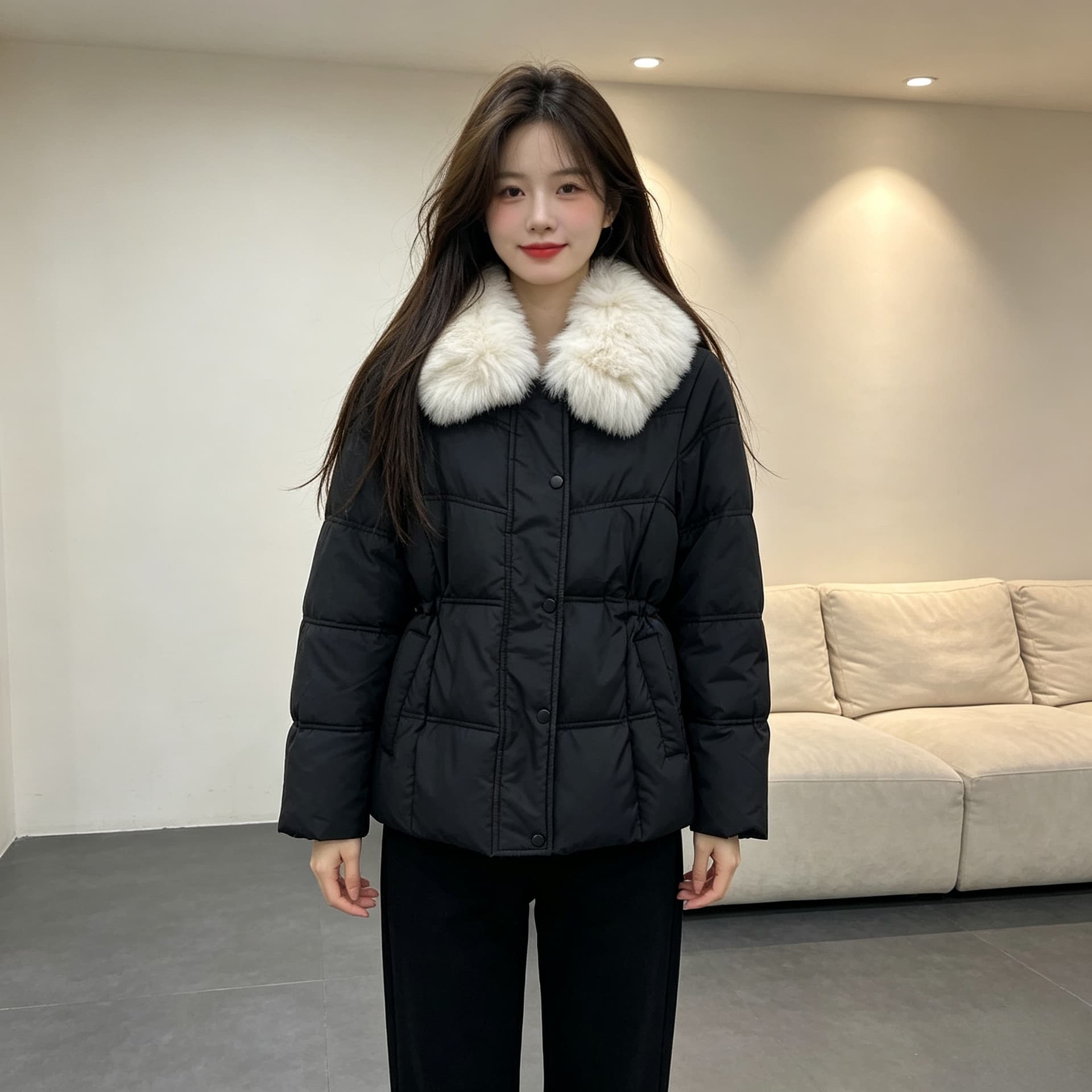 큰 모피 칼라 품격 폴로 칼라 허리 수축 슬림해 보이는 작은 키 연령 감소 면 의류 여성 코트 두꺼운 보온 루즈핏 빅 사이즈 트렌디 이미지 4
