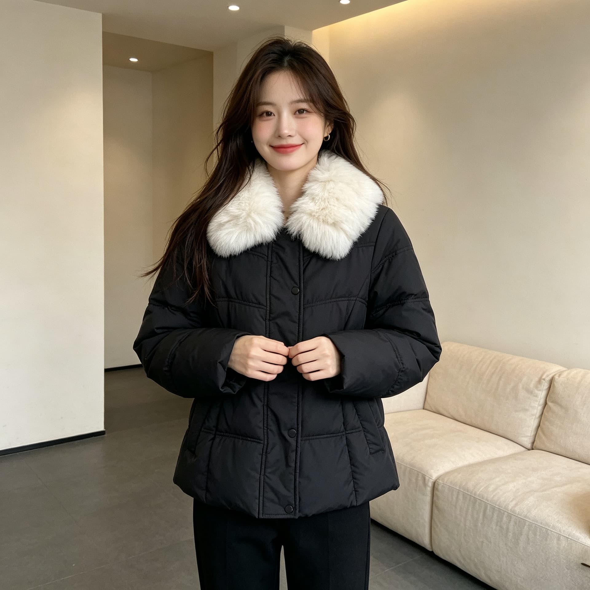 큰 모피 칼라 품격 폴로 칼라 허리 수축 슬림해 보이는 작은 키 연령 감소 면 의류 여성 코트 두꺼운 보온 루즈핏 빅 사이즈 트렌디 상세 이미지 7