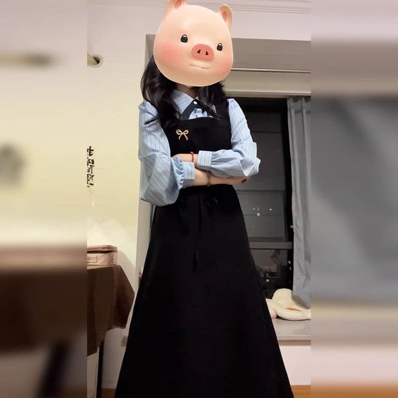 한국 스타일 학원 스타일 페이크 레이어드 드레스 여성 의류 가을 새로운 차 휴식 디자인 센스 POLO 칼라 허리 수축 중간 길이 스커트 이미지 2