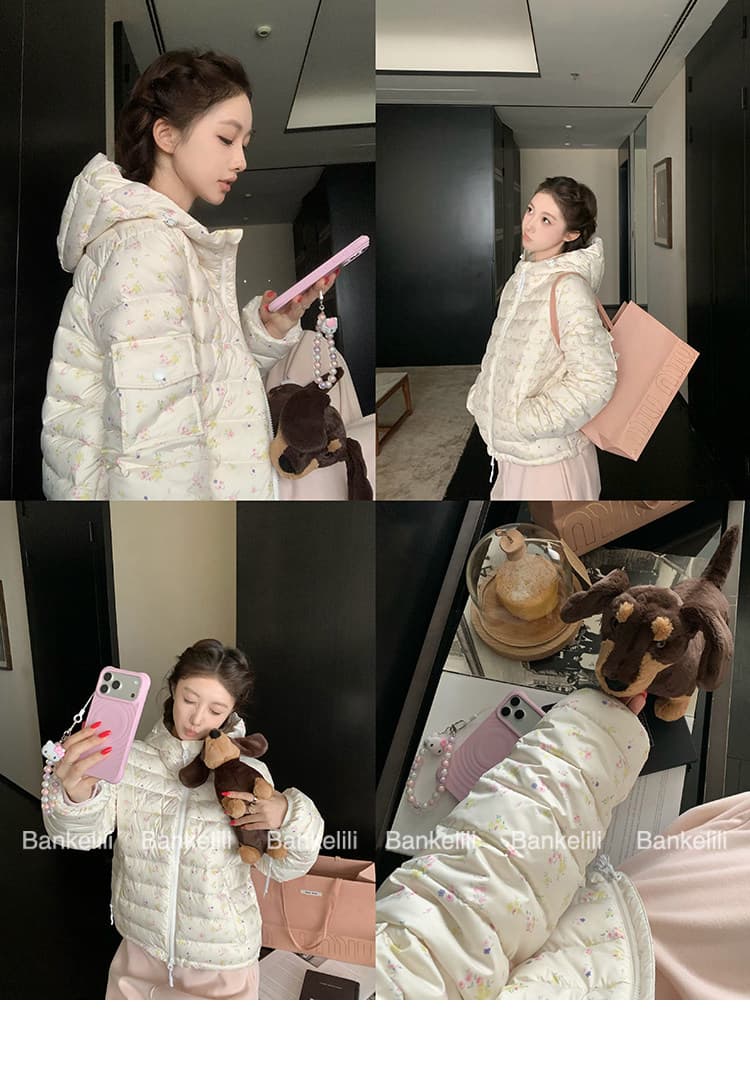밤나무 코코아 한 여성 꽃무늬 따뜻한 따뜻한 패키지 겨울 제로 압력 센스 ins 갈비 살 후드 다운 재킷 여성 겨울 면 옷 이미지 3
