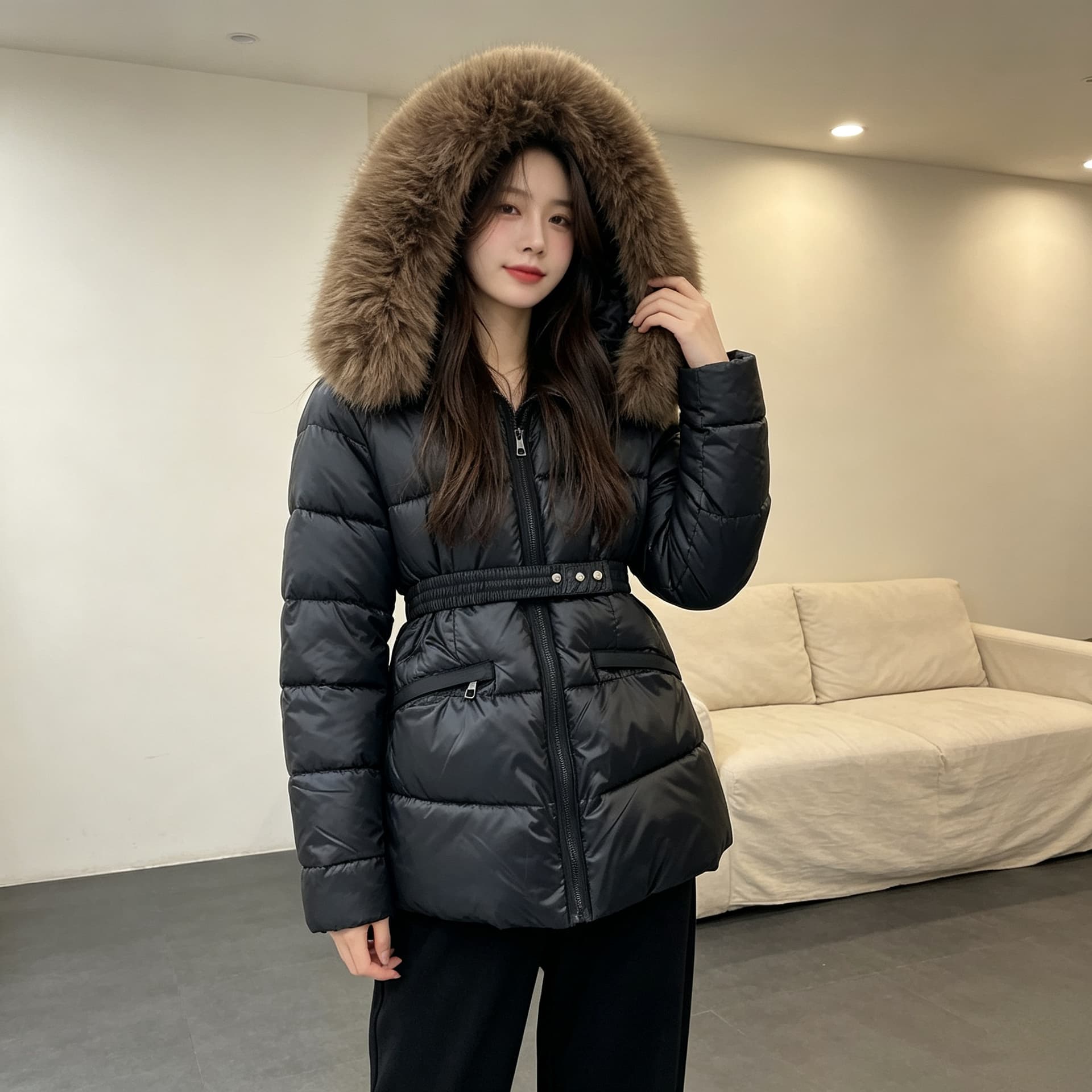 유럽 상품 큰 모피 칼라 두꺼운 보온 후드 루즈핏 빅 사이즈 작은 키 면 의류 여성 코트 외국 가스 허리 수축 품격 트렌디 이미지 4