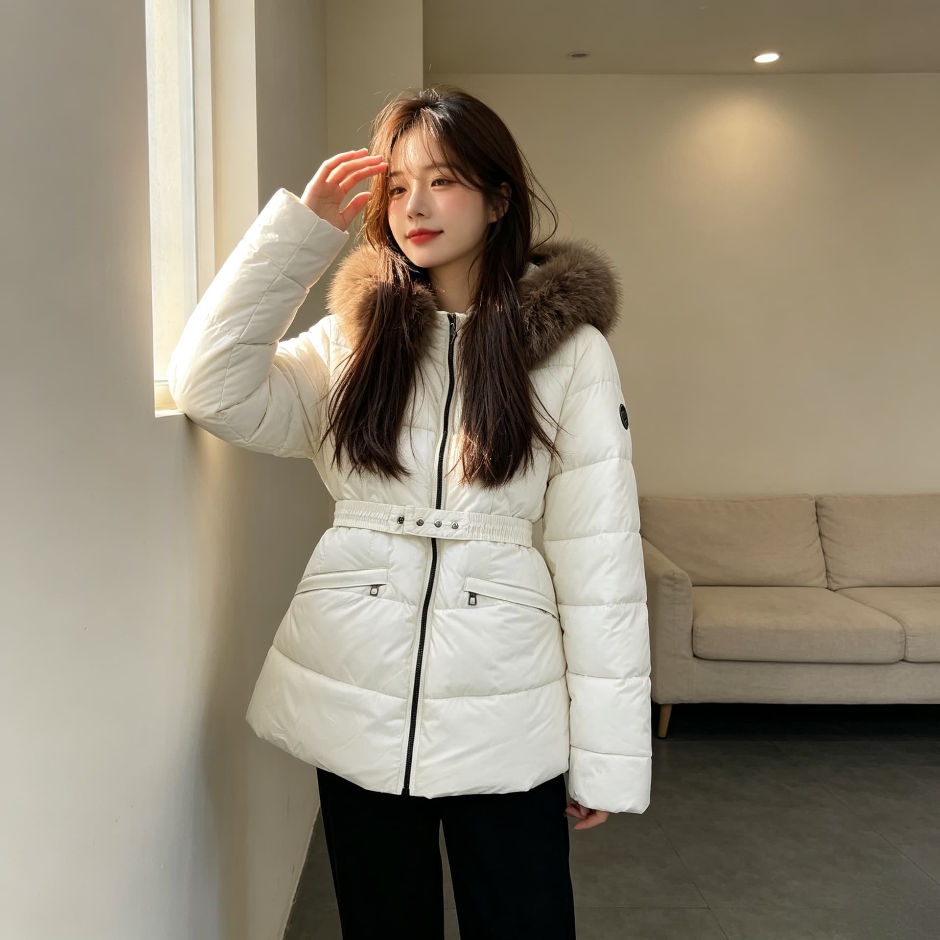 유럽 상품 큰 모피 칼라 두꺼운 보온 후드 루즈핏 빅 사이즈 작은 키 면 의류 여성 코트 외국 가스 허리 수축 품격 트렌디 상세 이미지 2