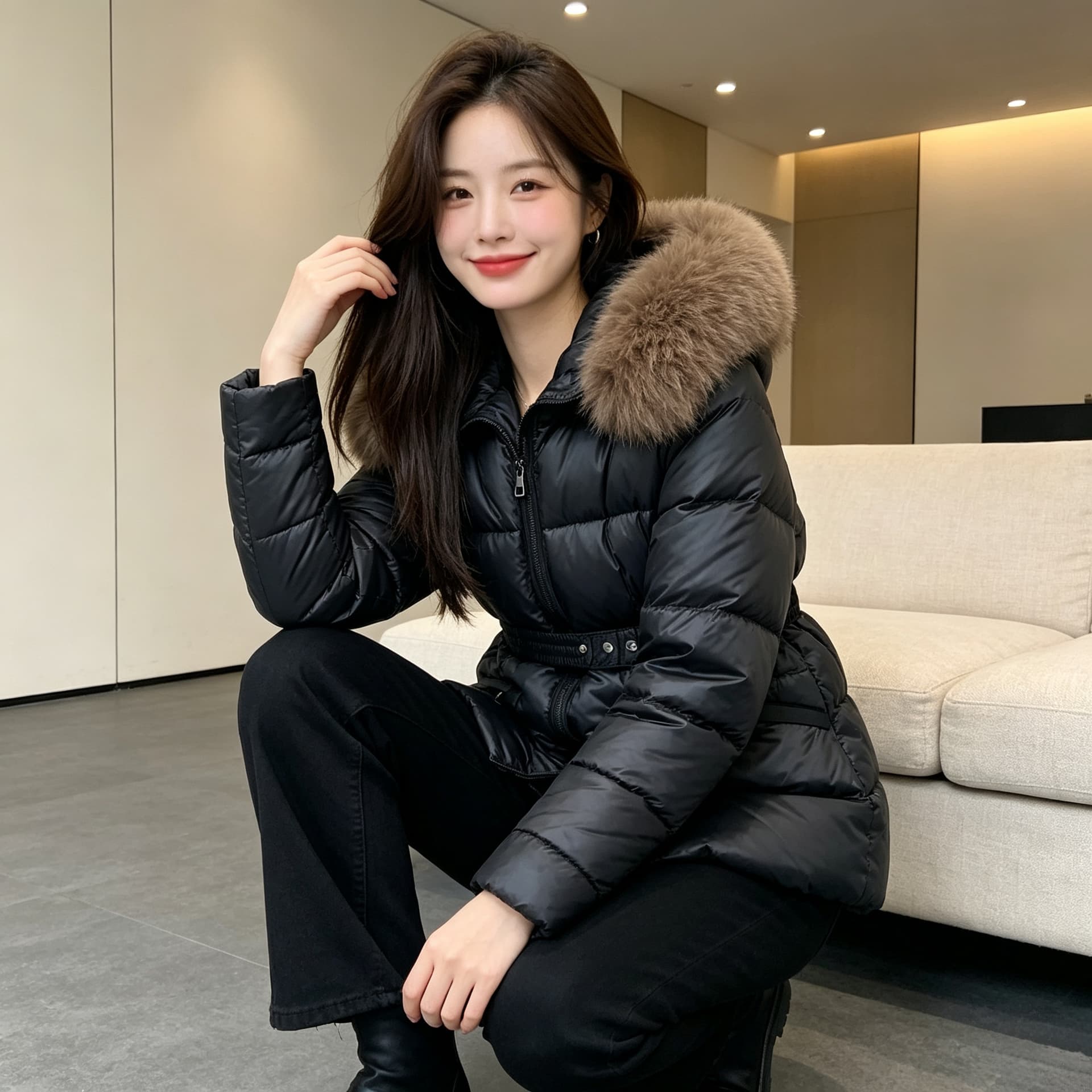유럽 상품 큰 모피 칼라 두꺼운 보온 후드 루즈핏 빅 사이즈 작은 키 면 의류 여성 코트 외국 가스 허리 수축 품격 트렌디 상세 이미지 4