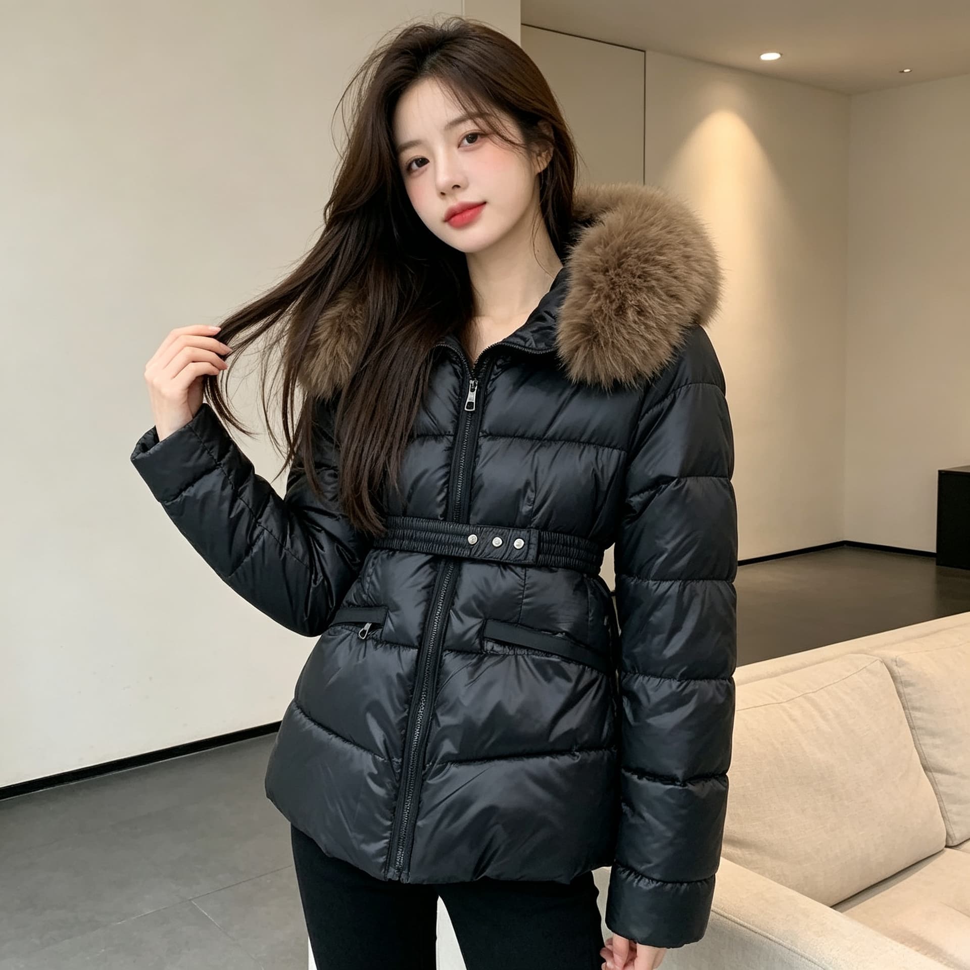 유럽 상품 큰 모피 칼라 두꺼운 보온 후드 루즈핏 빅 사이즈 작은 키 면 의류 여성 코트 외국 가스 허리 수축 품격 트렌디 상세 이미지 9