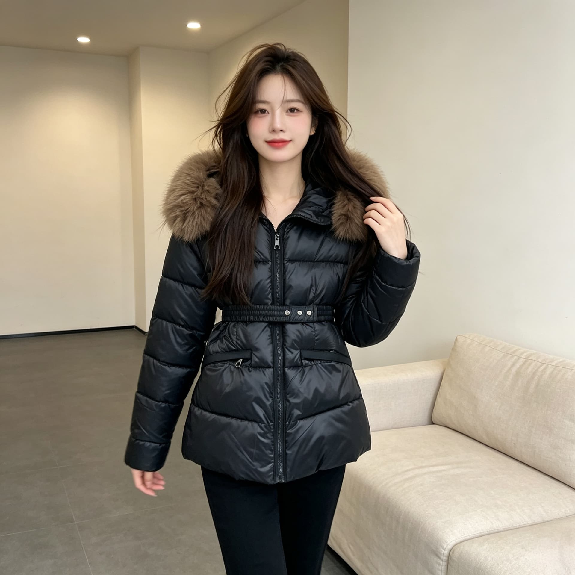 유럽 상품 큰 모피 칼라 두꺼운 보온 후드 루즈핏 빅 사이즈 작은 키 면 의류 여성 코트 외국 가스 허리 수축 품격 트렌디 상세 이미지 11