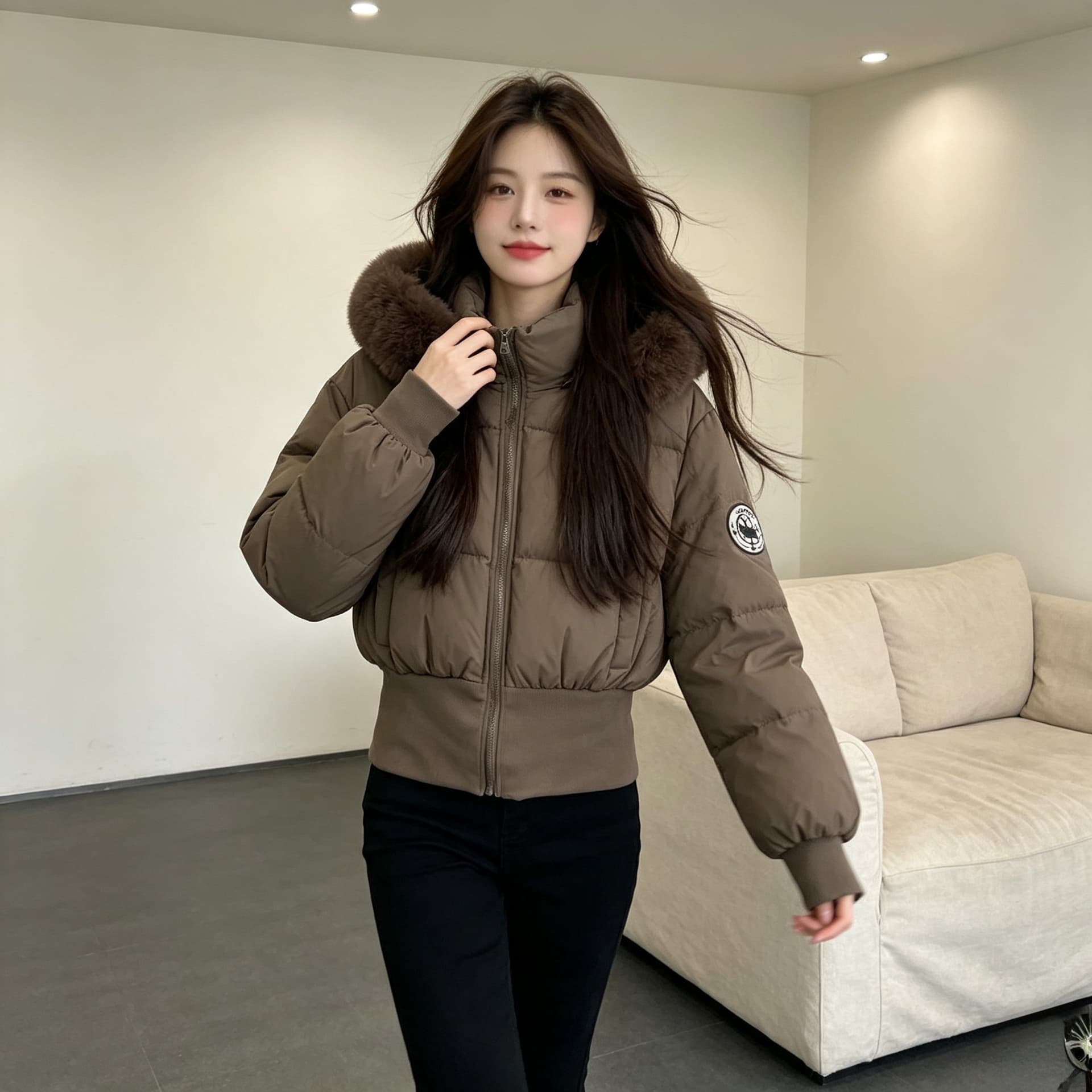 큰 모피 칼라 후드 두꺼운 보온 방한 루즈핏 빅 사이즈 작은 키 면 의류 여성 코트 디자인 센스 빛 럭셔리 목화 진딧물 상세 이미지 3